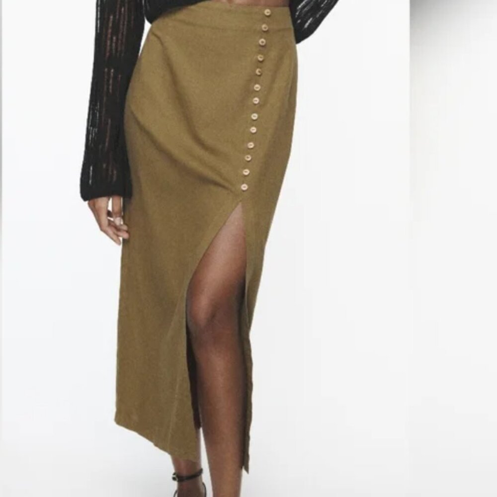 Zara Khaki Button-Detail Pencil Skirt
